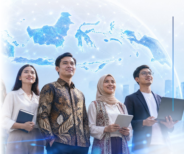 Indonesian students and professionals in formal attire and batik, ready for an AI-powered future